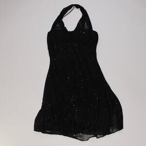 Y2K Taboo Black Mini Double Lined Halterneck Dress With Glitter Flowers Size M